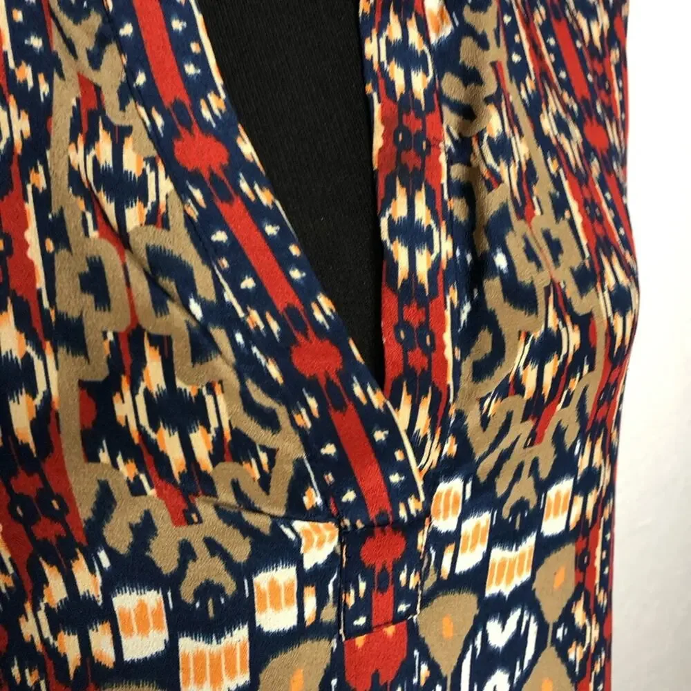 Tolani red blue orange graphic print silk shift dress size Medium